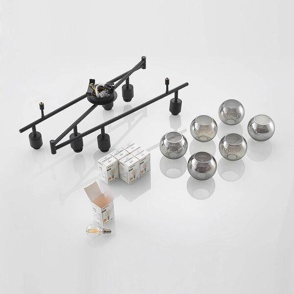 Lindby Eridia spot sufitowy czarny, 6-pkt., długi Lindby, możliwość ściemniania, czarny, salon / jadalnia, metal, nowoczesny