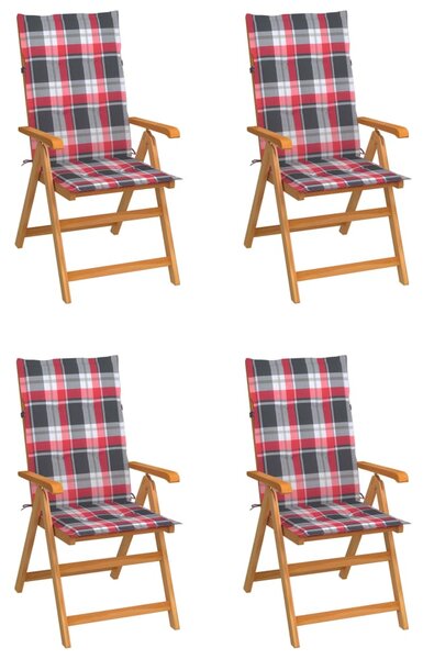 Krzesła ogrodowe, 4 szt., z poduszkami w czerwoną kratę, tekowe