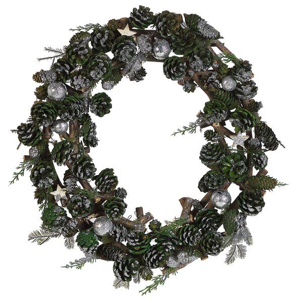 Okrągły wieniec świąteczny drewniany syntetyczny szyszki 50 cm zielono-srebrny Filpus Beliani