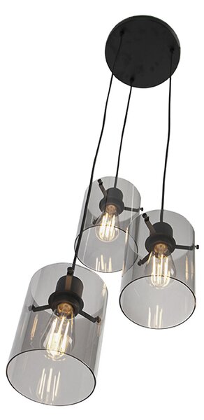 Designerska lampa wisząca czarna z przydymionym szkłem 3-światła - Dome