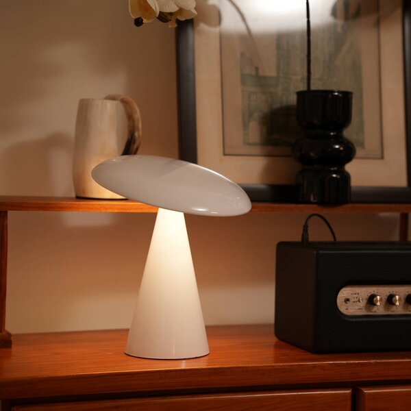 Beacon Lighting Lampa stołowa LED z akumulatorem, model Kinoko, biała, 27 cm, CCT możliwość ściemniania, biały / opal, salon / jadalnia, tworzywo sztuczne, nowoczesny