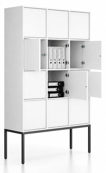 Szafa biurowa FRAME, czarna podstawa, 12x drzwi, 1299 x 450 x 2185 mm, PUSH-lock, biały