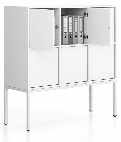 Szafa biurowa FRAME, niska, podstawa biała, 6x drzwi, 1299 x 450 x 1331 mm, PUSH-lock, biały