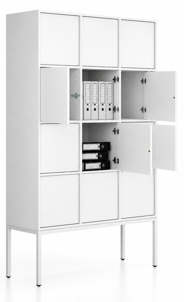Szafa biurowa FRAME, podstawa biała, 12x drzwi, 1299 x 450 x 2185 mm, PUSH-lock, biały