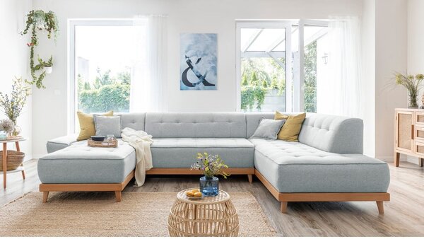 Jasnoszara rozkładana sofa w kształcie litery "U" Miuform Dazzling Daisy, prawostronna
