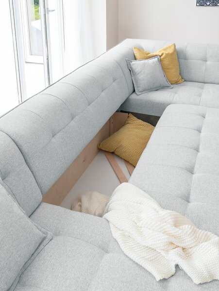 Jasnoszara rozkładana sofa w kształcie litery "U" Miuform Dazzling Daisy, prawostronna