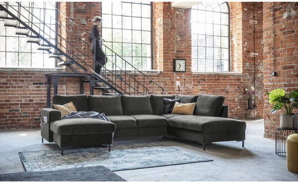 Ciemnoszara aksamitna rozkładana sofa w kształcie litery "U" Miuform Lofty Lilly, prawostronna