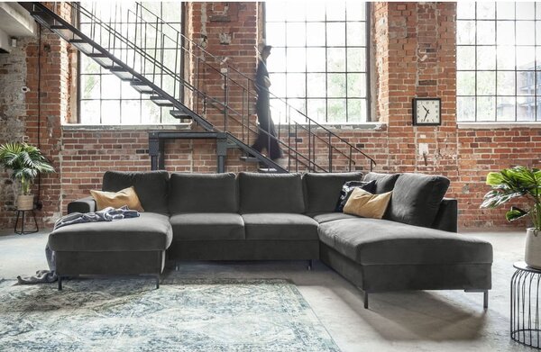 Ciemnoszara aksamitna rozkładana sofa w kształcie litery "U" Miuform Lofty Lilly, prawostronna