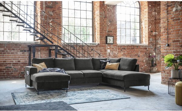 Ciemnoszara aksamitna rozkładana sofa w kształcie litery "U" Miuform Lofty Lilly, prawostronna