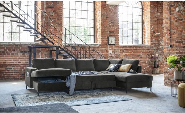 Ciemnoszara aksamitna rozkładana sofa w kształcie litery "U" Miuform Lofty Lilly, prawostronna