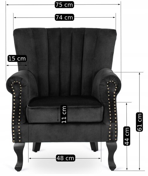 Fotel Uszak Wypoczynkowy MALLO Czarny Welurowy Nowoczesny Glamour