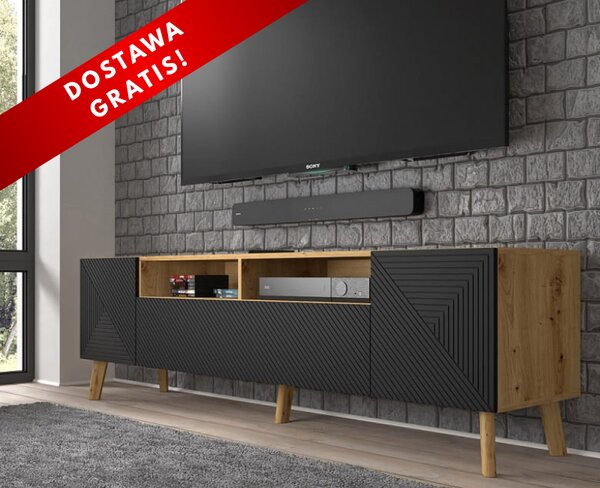 Długi stolik RTV na nóżkach artisan z czarnym | Umeblowana.com
