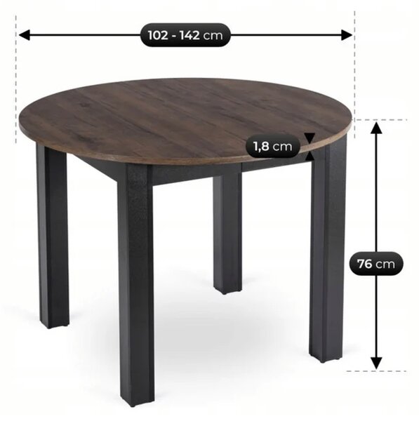 Stół Okrągły Rozkładany HARRY 102-142 cm Orzech/Czarny Nowoczesny Loft