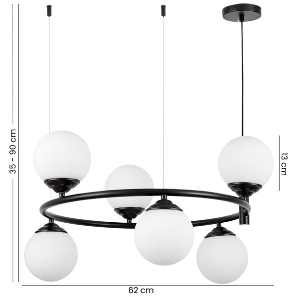 LAMPA WISZĄCA SUFITOWA ŻYRANDOL NOWOCZESNA CZARNA BIAŁE KULE FINO 6 LED