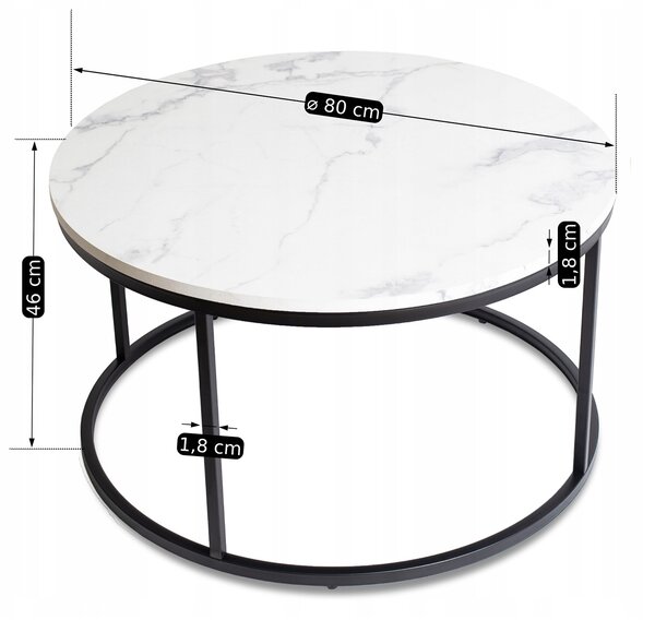 Stolik Kawowy CONNY MAX 80 cm Biały Marmur/Czarny Nowoczesny Glamour