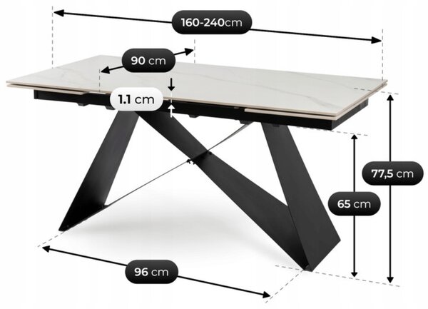 Stół Rozkładany Prostokątny VICTOR 160-240 cm Ceramiczny Biały Marmur/Czarny do Jadalni Nowoczesny Loft