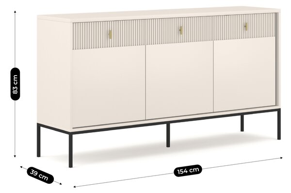 Komoda do Salonu Sypialni MARCOS 154 cm Kaszmir Ryflowana Trzydrzwiowa z Szufladami Nowoczesna