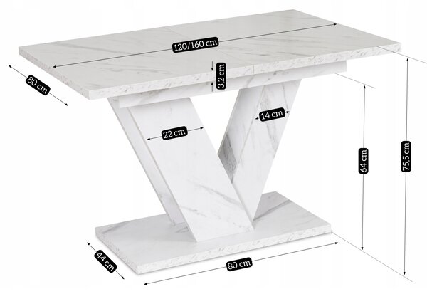 Stół Prostokątny Rozkładany CLARK 120-160 cm Biały Marmur Glamour
