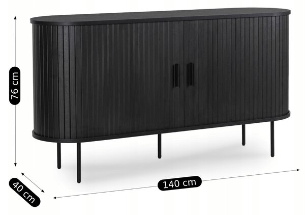 Komoda do Salonu Rozsuwana TRISH 140 cm Czarna Dwudrzwiowa Ryflowana Nowoczesna