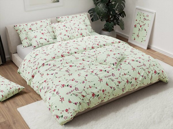 Pościel z kory FLORAL CREAM jasny zielony Rozmiar pościeli: 70 x 90 cm | 140 x 200 cm