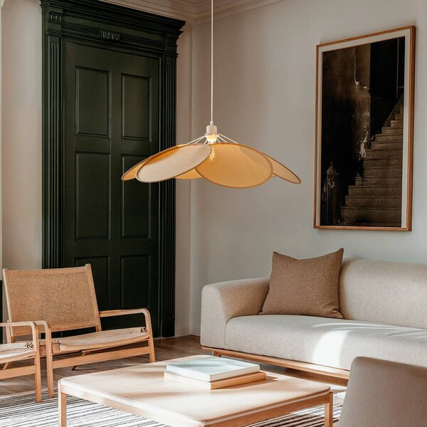 Lampa wisząca Astraia Lindby, możliwość ściemniania, kremowy / amber, salon / jadalnia, tkanina / materiał / jedwab, dworkowy / rustykalny