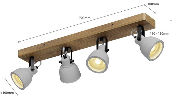 Spot Lindby Mitis, 70 cm, 4-punktowa, szary, drewno, beton, GU10 Mitis Lindby, możliwość ściemniania, ciemne drewno, salon / jadalnia, drewno, industrialny