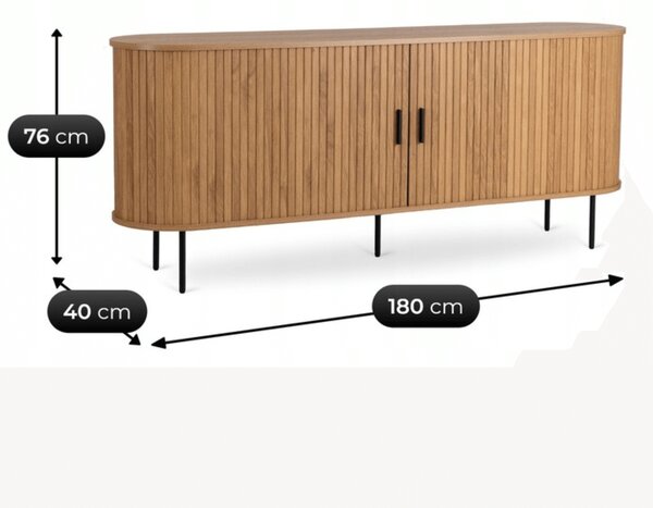 Komoda do Salonu Rozsuwana TRISH 180 cm Dąb Dwudrzwiowa Ryflowana Nowoczesna