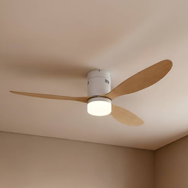Wentylator sufitowy LED Lucande Kayu, biały/drewniany, DC, 132 cm Kayu, jasne drewno, salon / jadalnia, tworzywo sztuczne, nowoczesny