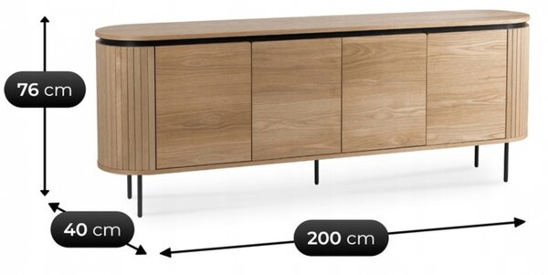 Komoda do Salonu BECK 200 cm Dąb Czterodrzwiowa Ryflowana Nowoczesna
