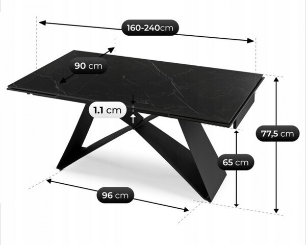 Stół Rozkładany Prostokątny VICTOR 160-240 cm Ceramiczny Czarny do Jadalni Nowoczesny Loft