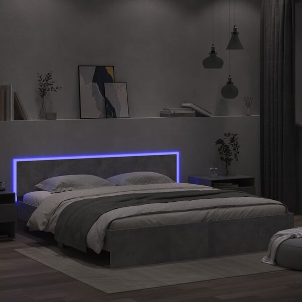 Rama łóżka z wezgłowiem i LED, szarość betonu, 200x200 cm