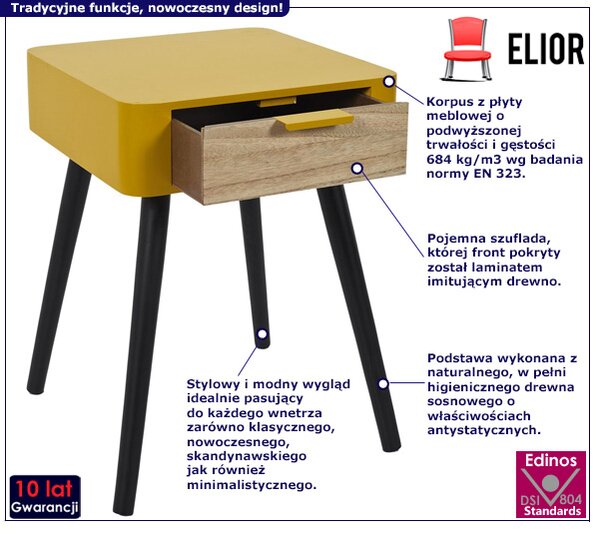 Designerski stolik nocny z szufladą żółty + czarny W2-F08