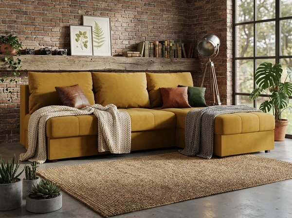 Rozkładana narożna sofa VENORIA SLIM 200x143 cm, musztardowa, uniwersalna + 2 poduszki GRATIS