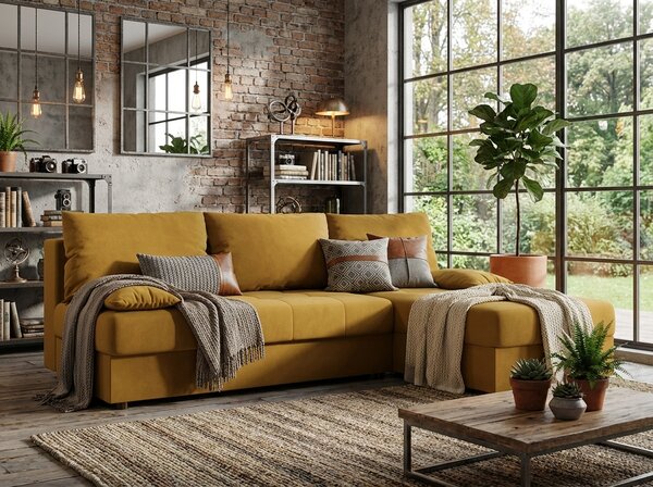 Rozkładana narożna sofa VENORIA SLIM 200x143 cm, musztardowa, uniwersalna + 2 poduszki GRATIS