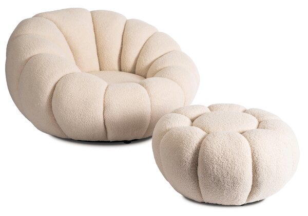Fotel Wypoczynkowy Obrotowy PETTIT Beżowy z Pufą w Tkaninie Teddy Boucle