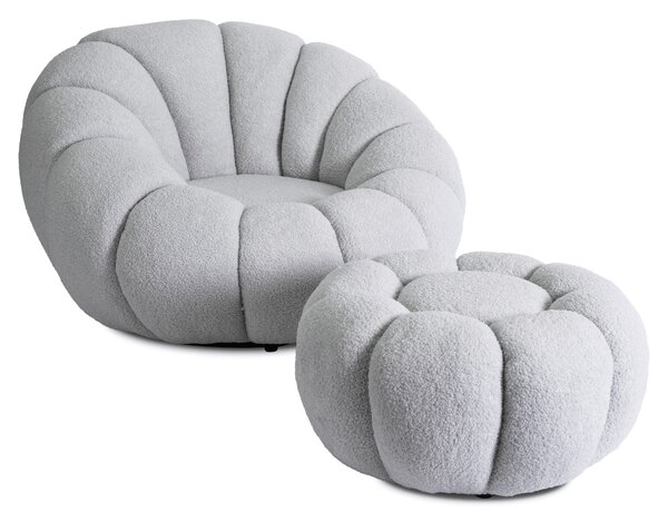 Fotel Wypoczynkowy Obrotowy PETTIT Szary z Pufą w Tkaninie Teddy Boucle