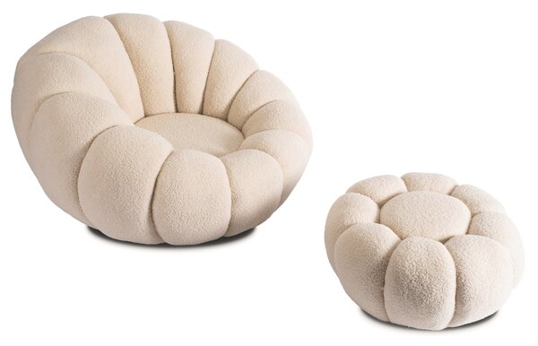 Fotel Wypoczynkowy Obrotowy PETTIT Beżowy z Pufą w Tkaninie Teddy Boucle