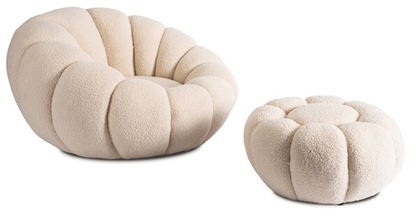 Fotel Wypoczynkowy Obrotowy PETTIT Beżowy z Pufą w Tkaninie Teddy Boucle