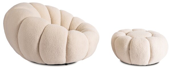 Fotel Wypoczynkowy Obrotowy PETTIT Beżowy z Pufą w Tkaninie Teddy Boucle