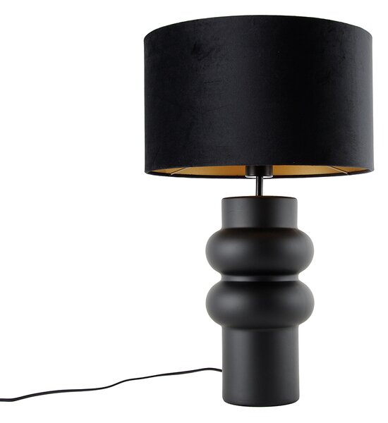 Designerska Lampa Stołowa Czarny Aksamitny Klosz Czarny ze Złotym 35 cm - Alisia