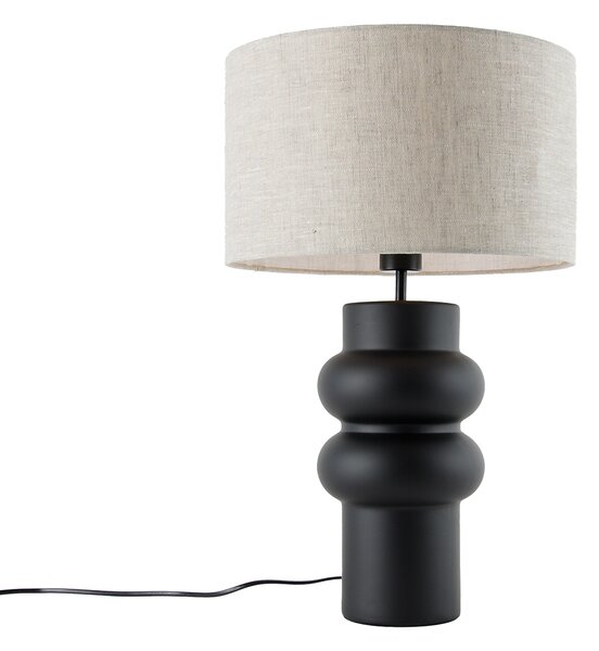 Designerska lampa stołowa czarna z abażurem z tkaniny w kolorze jasnoszarym 35 cm - Alisia