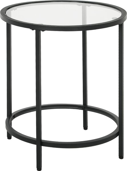 Okrągły stolik pomocniczy z blatem ze szkła hartowanego, stolik do kanapy, stolik nocny, metal i szkło, czarny | Ø 48 x wys. 54,7 cm | nośność 10 kg | podkładki pod nogi odporne na zarysowania