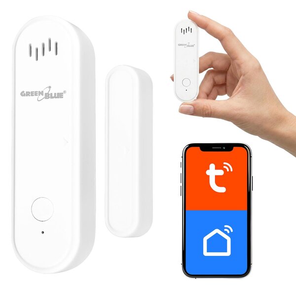 Bezprzewodowy czujnik reed'a / czujnik otwarcia WiFi firmy GreenBlue, kompatybilny z Androidem/iOS, do drzwi/okien, zasilany bateriami 3,0 V DC (LR03x2), z alarmem, model GB478