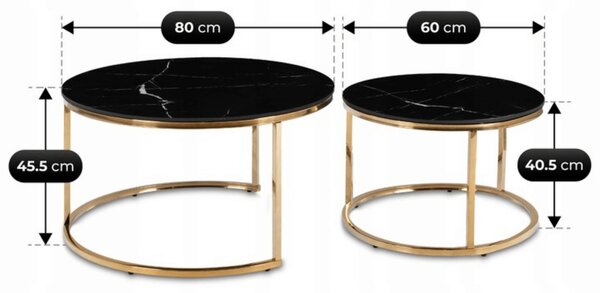 Zestaw Stolików Kawowych MILANO 60 cm/80 cm Czarny Marmur/Złoty Glamour