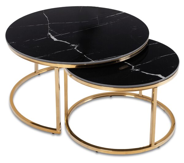 Zestaw Stolików Kawowych MILANO 60 cm/80 cm Czarny Marmur/Złoty Glamour