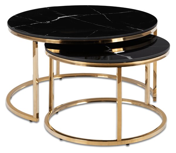 Zestaw Stolików Kawowych MILANO 60 cm/80 cm Czarny Marmur/Złoty Glamour