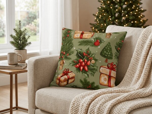 Poszewka na poduszkę z mikrofibry CHRISTMAS PRESENTS 45x45 cm, zielony