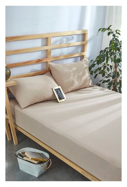 Beżowy bawełniany zestaw prześcieradła z gumką i poszewki na poduszkę 180x200 cm – Mila Home