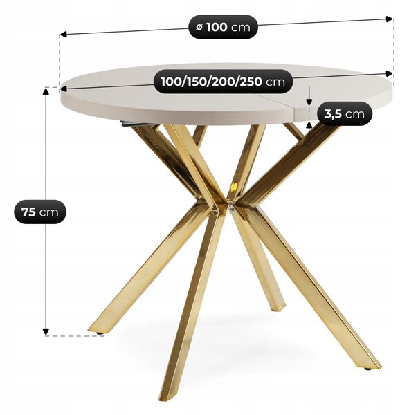 Stół Okrągły Rozkładany LUKAS 100-250 cm Kaszmir/Złoty Glamour