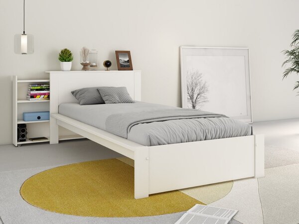 Białe łóżko 90x200 cm z wysuwanymi półkami w zagłówku